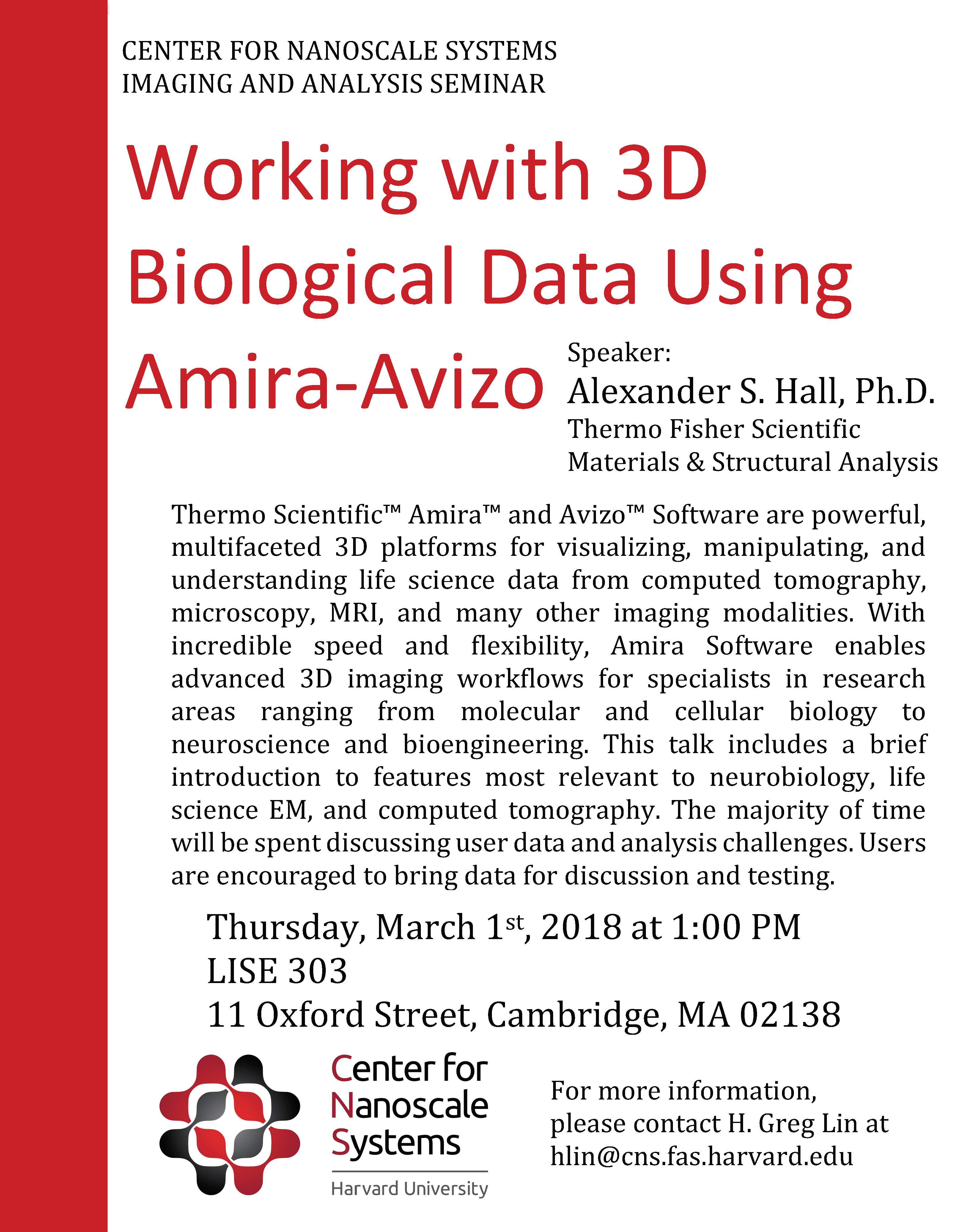 Working with 3D Biological Data Using Amira-Avizo Speech by Alexander S. Hall Flyer